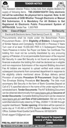 Electrical & Electronics (Total Items: 16) - Office of the AIG General for Inspector General of Police, Balochistan, Central Police Office